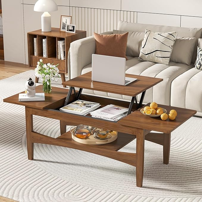 Coffee Table with Lifting Top, Rectangle Wood Lift Top Coffee Table with Open & Hidden Storage, Mid Century Pull up Center Tables for Living Room, Office (Walnut)