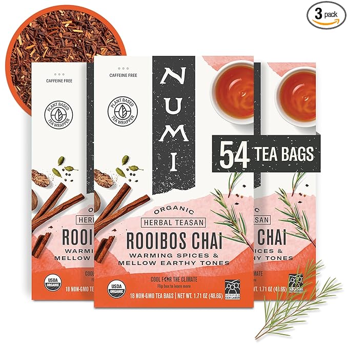 Numi Organic Rooibos Chai Tea Bags, 18 Tea Bags (Pack of 3), Red Tea with Cinnamon, Allspice & Ginger, Caffeine Free