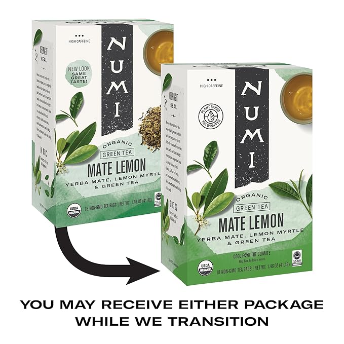 Numi Organic Maté Lemon Tea, 18 Tea Bags, Yerba Mate With Green Tea & Lemon Myrtle, Caffeinated (Packaging May Vary)