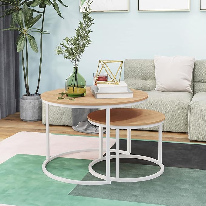 Round Coffee Table Set of 2 End Table for Living Room,Stacking Side Tables,Sturdy& Easy Assembly,Wood Look Accent Furniture with Metal Frame,Industrial/Modern Coffee Table White+Teak OAKDK