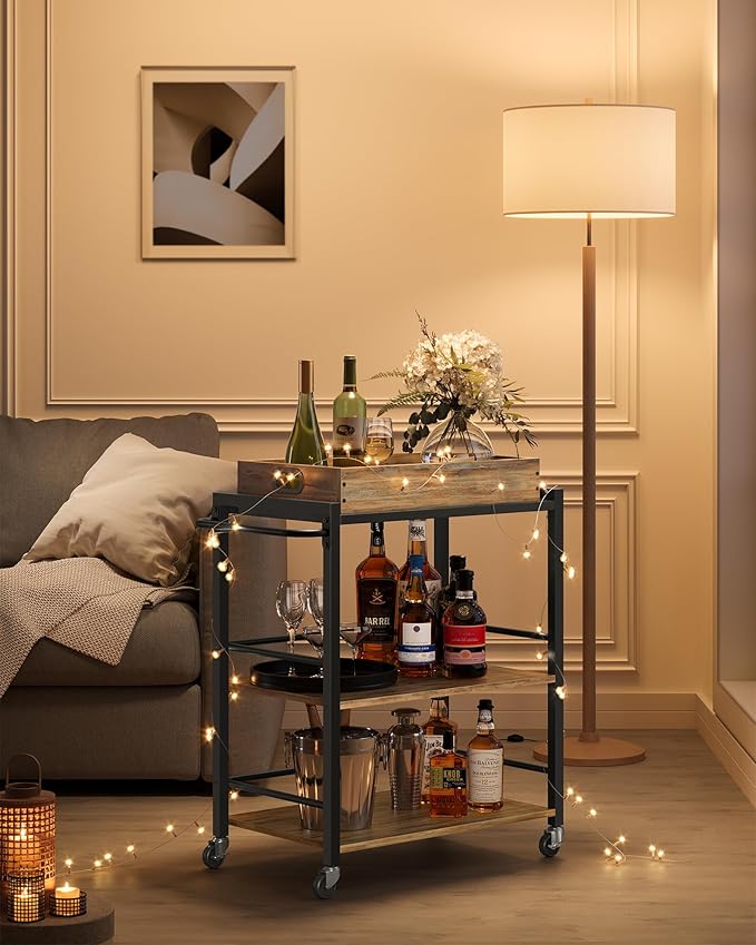 VASAGLE Kitchen Serving Cart with Removable Tray, 3-Tier Kitchen Utility Cart on Wheels with Storage, with Brakes, Leveling Feet, 15.7 x 28.3 x 33.9 Inches, Turquoise Brown and Ink Black ULRC072K60