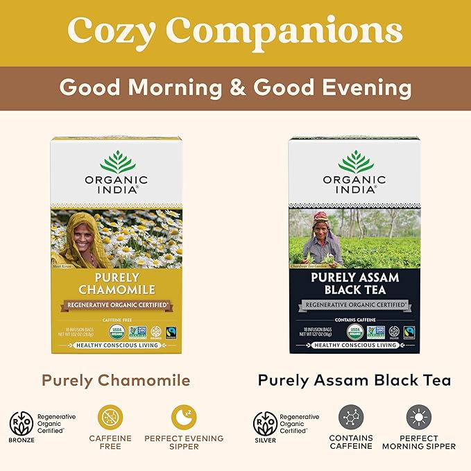 Organic India Purely Chamomile Tea- Regenerative Organic Chamomile Flowers, Caffeine Free, Calming & Relaxing Herbal Tea, Pure Chamomile, Natural Support for Sleep & Relaxation- 18 Tea Bags, Pack of 3