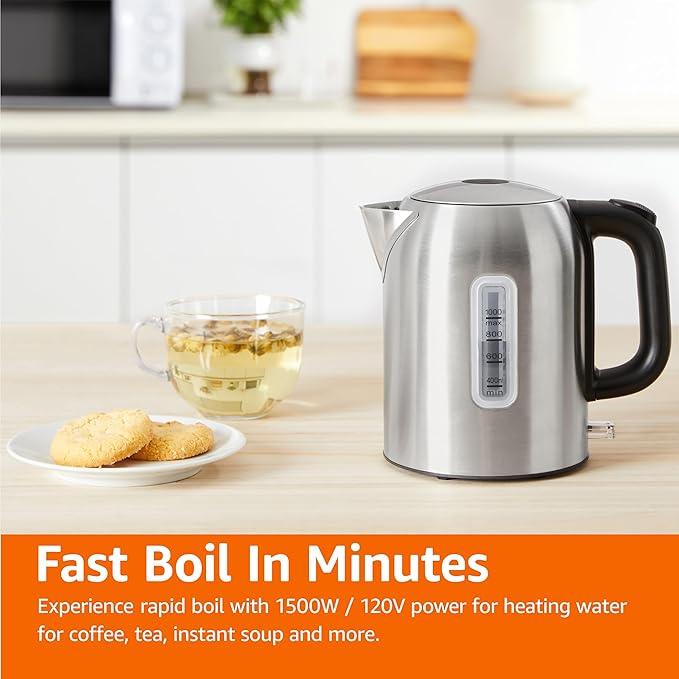 Amazon Basics 1.1Qt (1L) Electric Kettle, Tea Kettle & Water Boiler, with Auto Shut-Off, Boil Dry Protection, High-Safety Strix Thermostat, BPA-Free, 1500W, Stainless Steel, New Model, Black & Silver