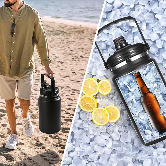 1 Gallon Thermosflask with Straw, 135oz Stainless Steel Insulated Water Bottle,4L Oversized Double Wall Vacuum Jug with Handle for Hot Cold Drinks, Wide mouth Icebuckets for Hiking Sports(Black)