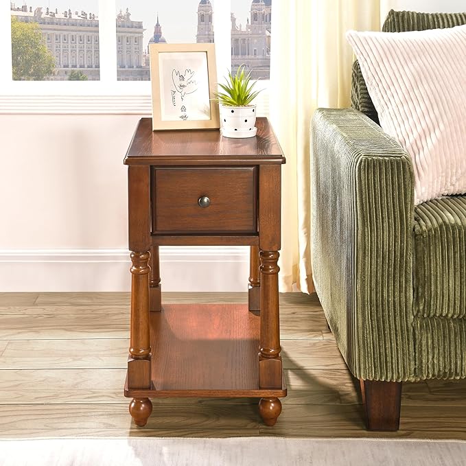 PADMA HOUSE Solid Wood Narrow End Table with Drawer, Vintage Rectangle Sofa Side Table with Storage Shelf Mid-Century Apartment Slim Bedside Table for Small Spaces,13 * 22 * 22.3in