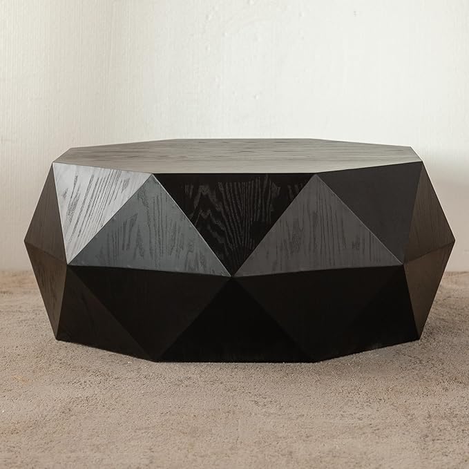 38" Modern Farmhouse Drum Coffee Table, American Retro Style Coffee Table for Office, Dining Room and Living Room, Black
