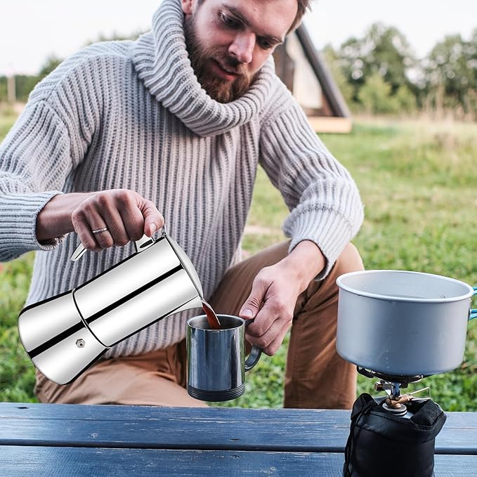 No Coating 4 Cup Thickened 304 Stainless Steel Moka Pot Stovetop Espresso Maker Italian Coffee Machine 200ml 6.8oz Suitable for Gas Induction Stovetop Greca Coffee Maker Percolator