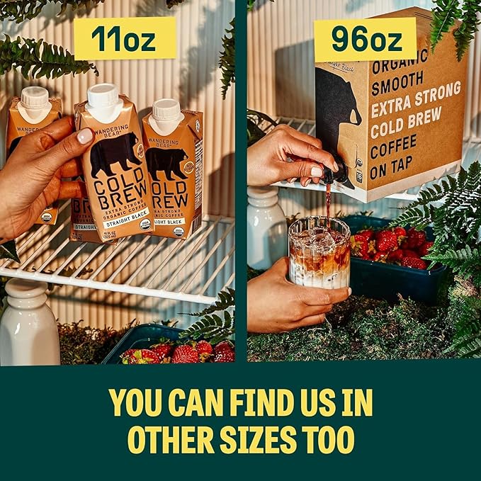 Wandering Bear Espresso Roast Organic Cold Brew Coffee, 32 fl oz, 6 pack - Extra Strong, Bold, Smooth, Unsweetened, Shelf-Stable, Ready to Drink, 100% Organic, Iced Cold Brewed Coffee Drinks
