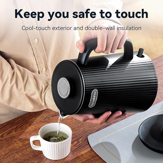 Nueve&Five 1.7L (57oz) Large Electric Kettle Perfect for 7+Cups of Tea and Coffee,2 quarts Double Wall Big Electric Tea Kettle,Auto Shut Off,1200W Hot Water Kettle Electric-Black
