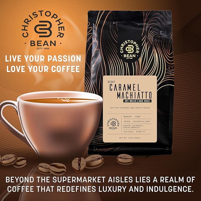 Christopher Bean Coffee - Certified Kosher - Decaf Ground Universal Drip Caramel Macchiato Flavored Coffee | Coffee Beans with Medium Roast 100% Arabica, No Sugar, No Fats, Non-GMO | 10 - Ounce Bag