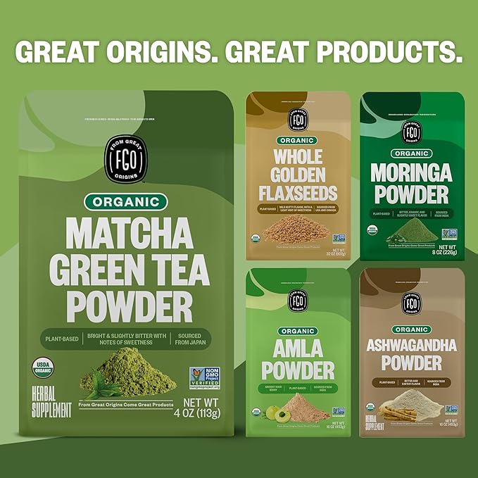 FGO Organic Matcha Green Tea Powder, Japanese Culinary Grade for Cooking, Baking, and Smoothies, 4 Ounce, Resealable Bag, Packaging May Vary (Pack of 1)