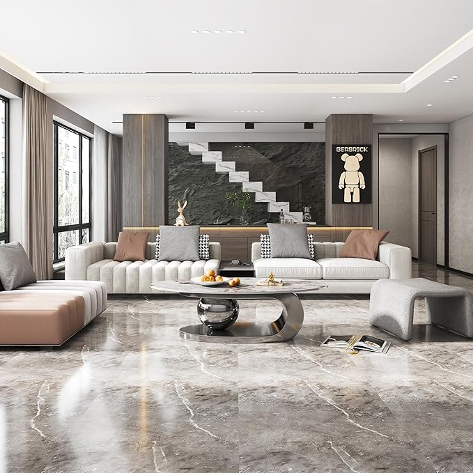 Marble Grain Coffee Table with Silver Stainless Steel Pedestal,Modern Coffee Tables,Oval Living Room Table with Faux Marble Top & Luxury Legs,Sintered Stone Cocktail Center Table,51.20inch