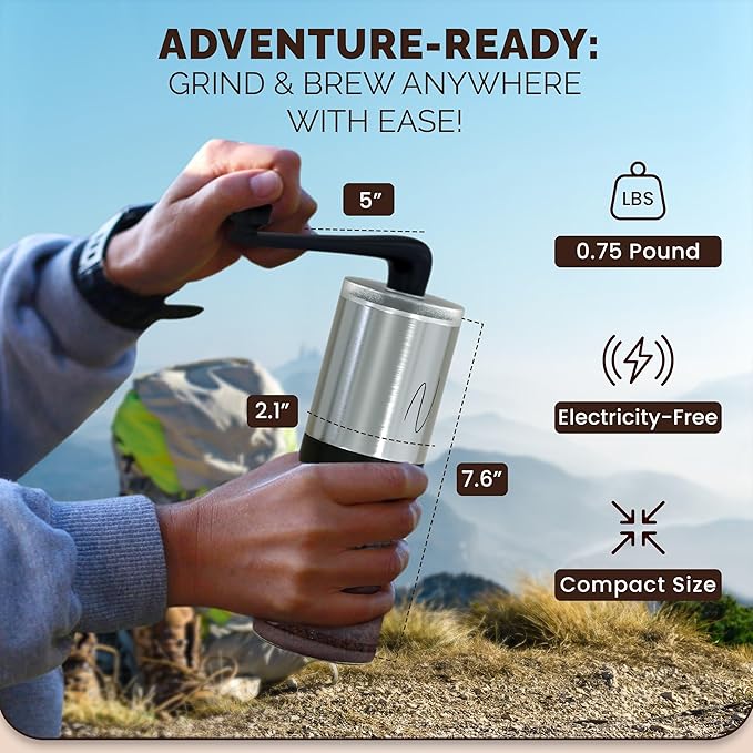 Manual Coffee Grinder – Hand Crank Burr Coffee Bean Grinder, 6 Grind Settings for Espresso, French Press & Pour Over – Quiet, Portable, Durable Stainless Steel Manual Grinder for Home & Travel