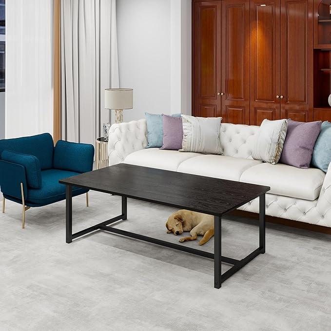 Black Coffee Table Rectangular Center Table for Living Room Open Space Side Table with Metal Frame, Easy Assembly,Wood Coffee Table