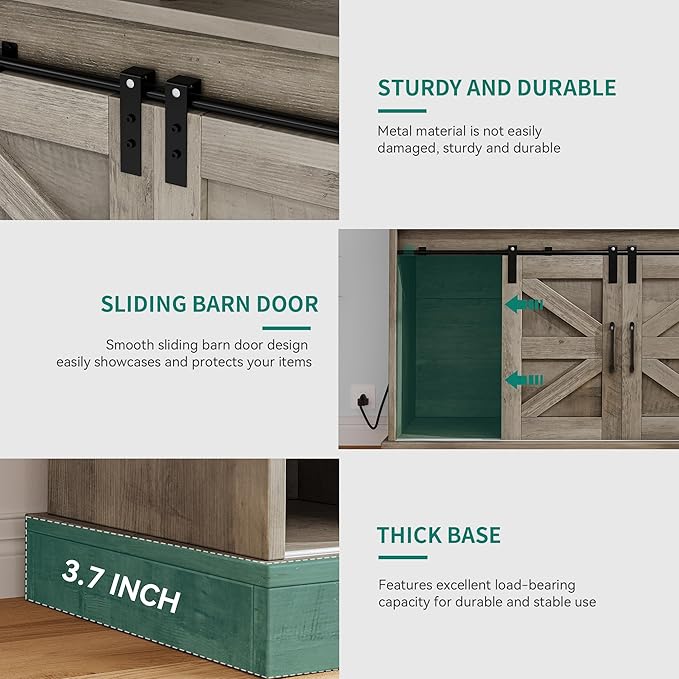 YITAHOME 52" Farmhouse Coffee Bar, Buffet Cabinet with Storage, Sliding Barn Door, Sideboard Cabinet with Goblet Holder, 5 Hooks and Power Outlets for Kitchen, Living Room (Rustic Grey Oak)