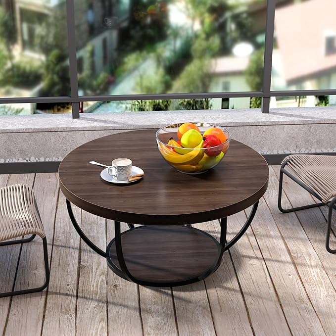 Round Coffee Table, 31" Coffee Table for Living Room Decor, 2-Tier Storage with Steel Frame, Space-Saving Wood Center Table, Modern Style Easy Assembly (Dark Coffee)