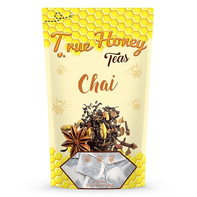 True Honey Chai Tea Bags - Providing Herbal Wellness - All Natural Organic Cinnamon, Clove, Coriander, Anise and Fennel Black - Blended with Honey Crystals Blended - 24 Count