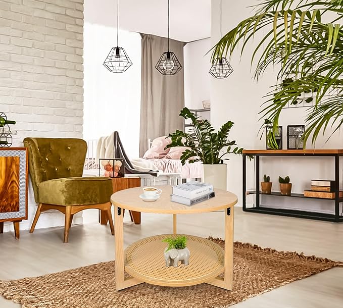 ZYBT Rattan Coffee Tables for Living Room, Small Coffee Table for Small Spaces, Round Coffee Table with Storage, Wooden Circle Center Tea Table