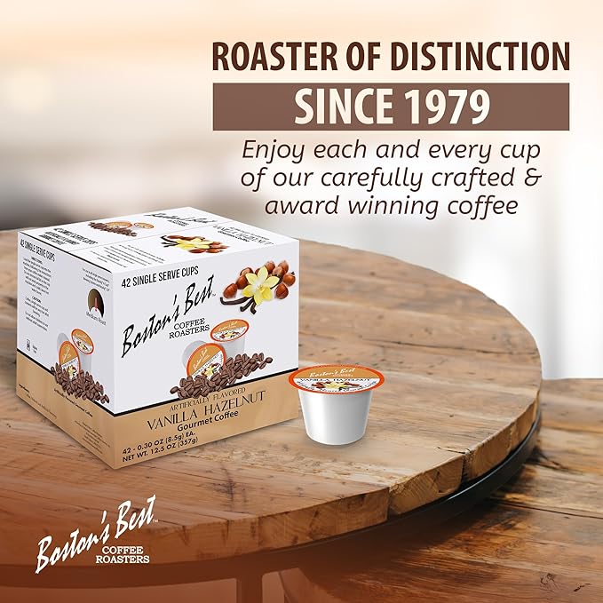 Bostonโs Best - Vanilla Hazelnut Delicious Medium Roast Coffee, Flavored Gourmet Compatible with Keurig Coffee Maker, 1 Count (42 Single Serve Cups)