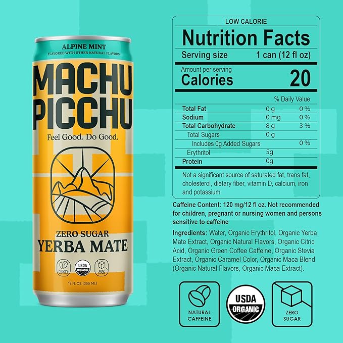 MACHU PICCHU ENERGY, Non-Carbonated Zero Sugar Yerba Mate, Clean Energy Drink Alternative, 12oz (Pack of 12) – 120mg Organic Green Coffee Bean Caffeine, Low Calorie, USDA Organic, No Artificial Flavors (Alpine Mint)