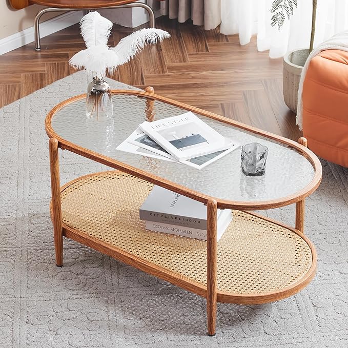 VINGLI 38" Rattan Oval Coffee Table, Water-Wave Glass Metal Center Table, Modern Coffee Table with 2-Tier Storage, Farmhouse Coffee Table for Living Room and Small Space, Natural Vibe