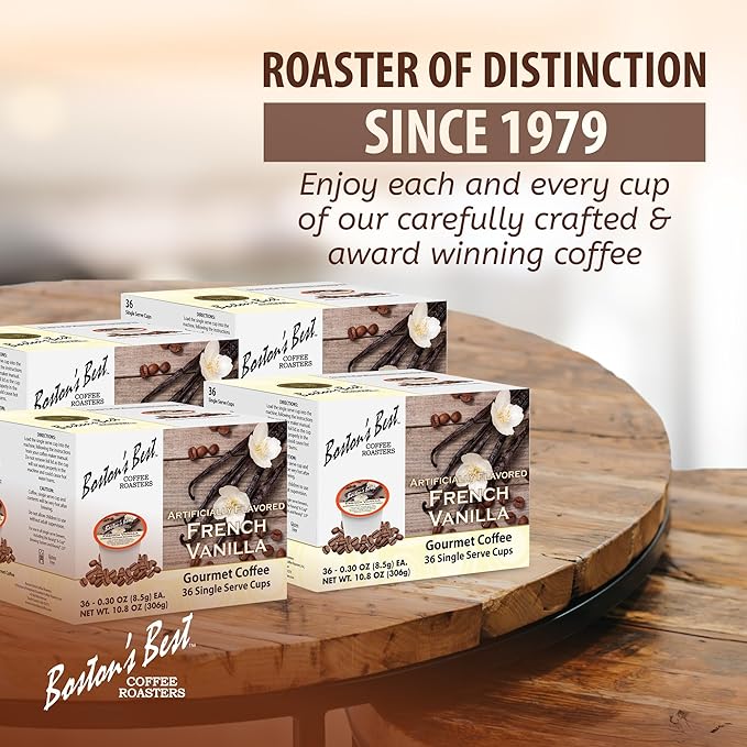 Bostonโs Best - French Vanilla Medium Roast Gourmet Coffee, Delicious Flavored Compatible with Keurig Coffee Maker, 1 Count (144 Single Serve Cups)