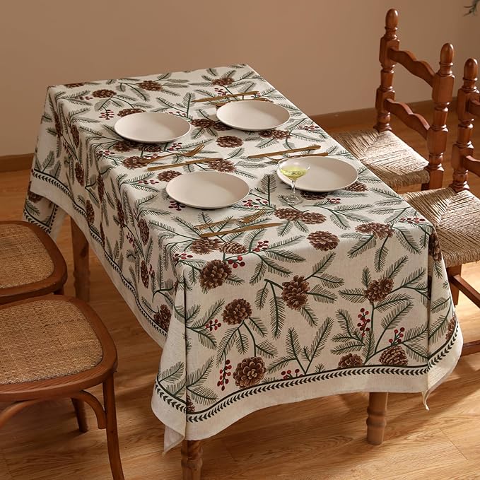 Designer Christmas Beige Linen Rectangular Tablecloth,Pinecones Pattern Indoor Tablecloths,Washable Decor Table Cloth for Dining Thanksgiving Kitchen Christmas,55"*87"-Carol B