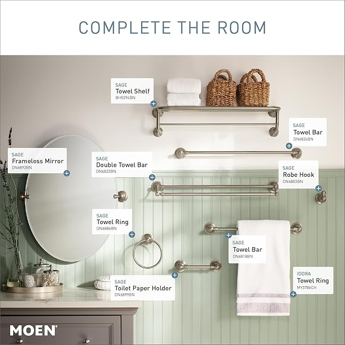 Moen DN6824BN Sage 24-Inch Wall Mount Bathroom Single Bar Towel Bar, Brushed Nickel