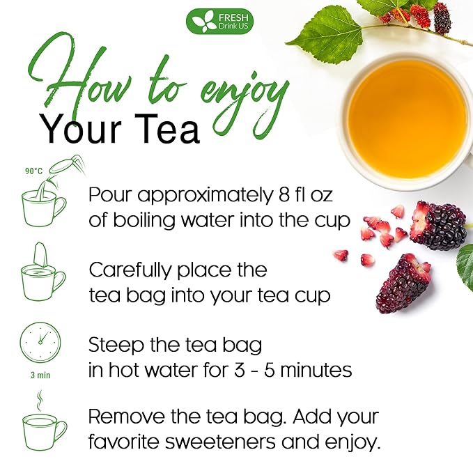 FreshDrinkUS Premium Mulberry Leaf Tea - 50 Bags, 100% Natural & Pure. Loose Leaf Herbal Tea. Natural Material Tea Bags. No Sugar, Caffeine, Gluten. Vegan.