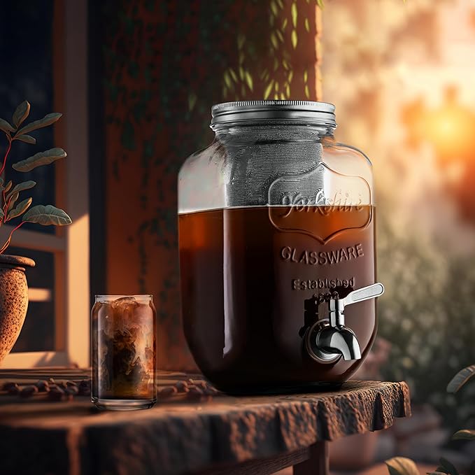 1 Gallon Cold Brew Coffee Maker - 3rd Generation Fine Mesh Filter - Stainless Steel Spigot - Extra Thick Large Glass Mason Jar Drink Dispenser Carafe, Iced Coffee Maker & Sun Tea Pitcher with Infuser.