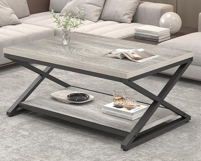 HSH Rustic Grey Coffee Table, Modern Minimalist Living Room Table with Storage Shelf, Industrial Simple Metal Wooden Center Table, 2 Tier Rectangle Cocktail Tea for Home Office Bedroom, 39 Inch