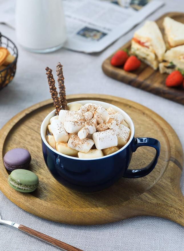 Teocera Porcelain Coffee Mugs, Soup Mugs Bowls with Handle, 24 oz Latte Mugs Set of 4 - Striped Design, Navy