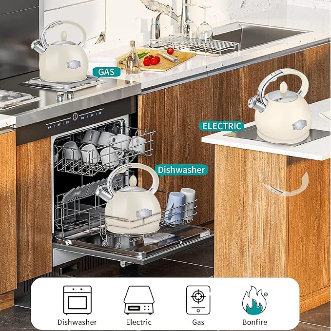 Tea Kettle for Stovetop Induction Whistling Tea Kettles 2.64 Quart Retro Food Grade Stainless Steel Teapots with Cool Touch Handle Cream
