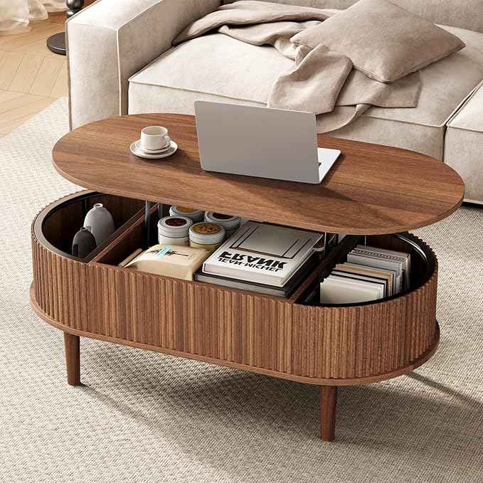 BREEZEHEAT Fluted Lift Top Coffee Table, 39" Mid Century Modern Coffee Table, Hidden Compartment & Fully Assembled Centre Table Oval Lift Tabletop for Living Room, Small Space, Home Office, Walnut