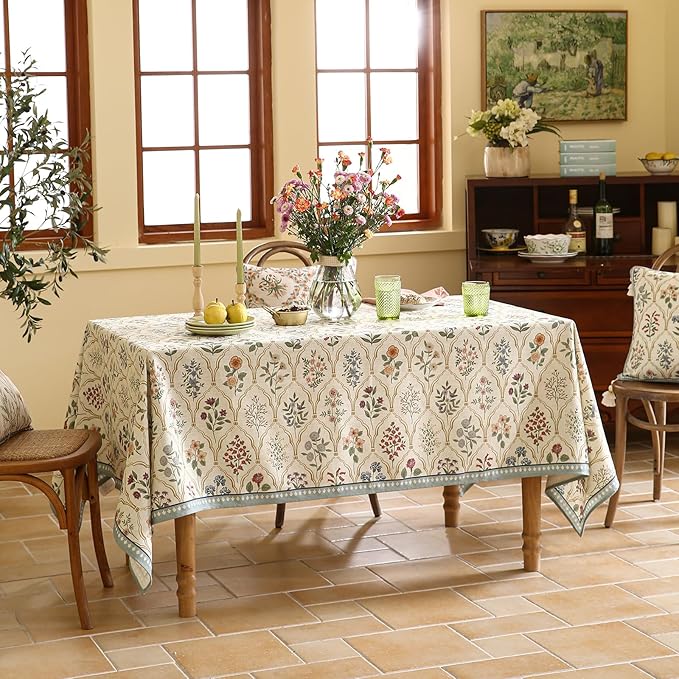 Designer Linen Tablecloth Rectangular,Western Colorful Floral Indoor Table Cloth,Wrinkle Resistant Decor Tablecloths for Dining Thanksgiving Kitchen Christmas,55"*87"-Serenity B