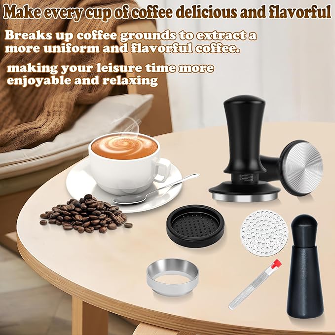 Espresso Accessories Kit 53mm, Spring Loaded Calibrated Espresso Tamper, Wdt Tool Espresso and Silicone Tamper Mat,Dosing Funnel, Coffee Puck Screen and 12 Replacement Needles Fit 53mm Portafilters
