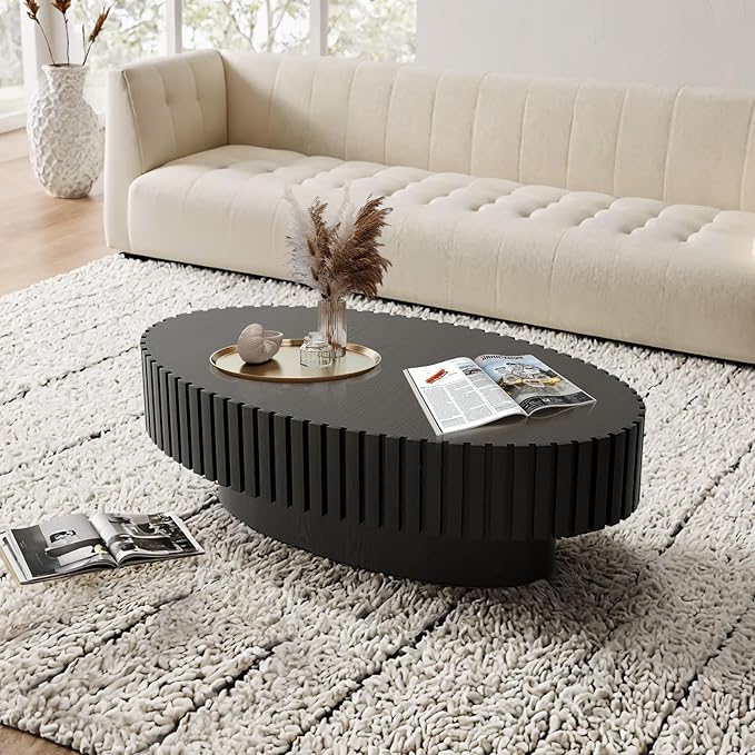 Handmade Oval Grooved Drum-Shaped Coffee Table、Rustic Modern Circular Centerpiece for Living Room & Farmhouse Decor、Easy to Clean (C Black 43in)