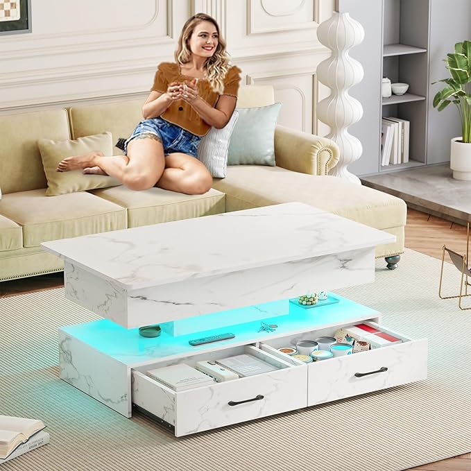 SEDETA 40" Lift Top Coffee Table, Coffee Tables with Storage for Living Room, Small Coffee Table with 2 Drawers & LED Light for Dining Reception Room, White Marble