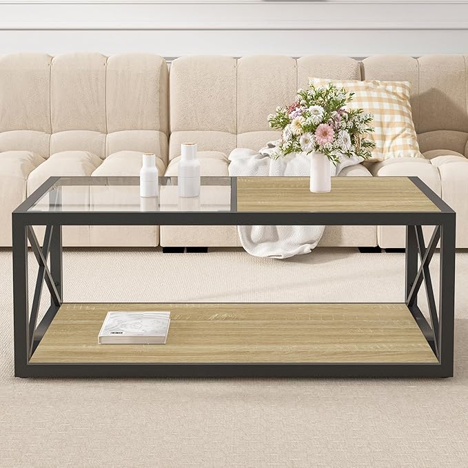 39" Glass Coffee Table Mordern Living Room Table with Black Metal Frame, Rectangle Tempered Glass Top & Rustic Wood MDF Storage Shelves, Industrial Style Natural