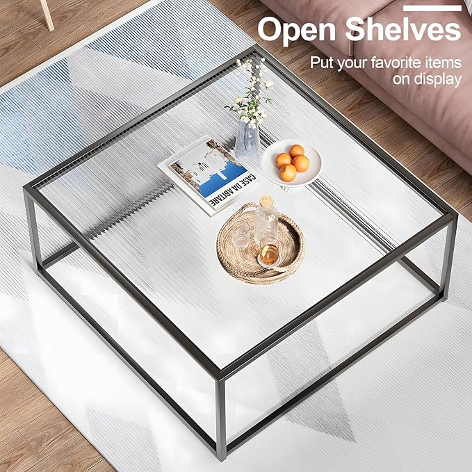 Glass Coffee Table Modern Center Table,Minimalist Coffee Table Sofa Side Tea Table for Living Room,Tempered Glass-top with Sturdy Metal Frame, Easy Assembly,26.4 x 26.4 x 15.7 Inches, Black