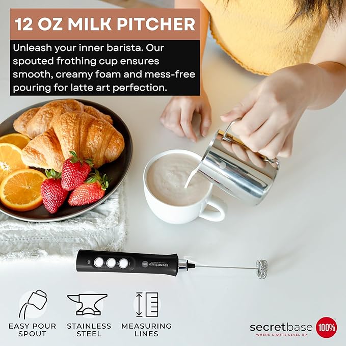 Secretbase 3 Speed Rechargeable Milk Frother and Cup Set, Cordless USB Type-C Charging Cradle - Handheld Milk Frother, Double-thickness Whisk, Tiny Egg Beater, Mini Electric Coffee Stirrer(Black)