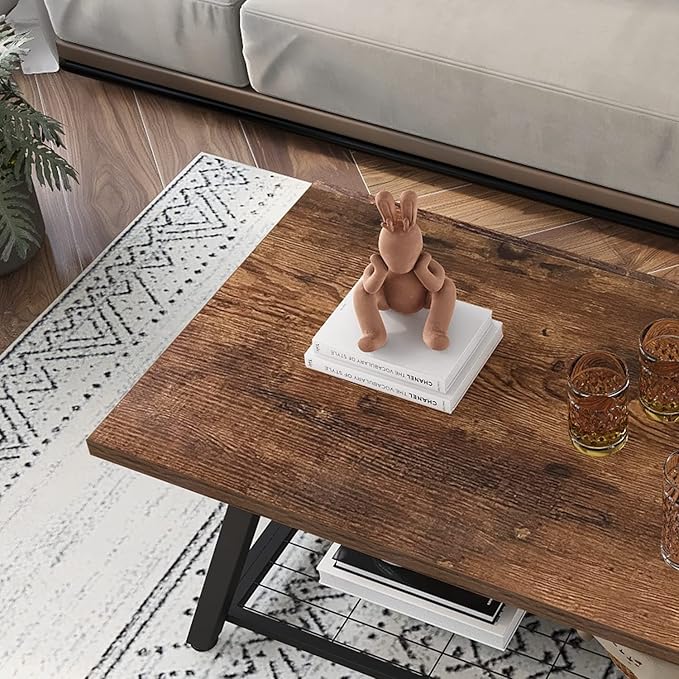 Tohomeor 2-Tier Industrial Coffee Table Mnimalist Vintage Farmhouse Wooden and Metal Living Room Coffee Table with Storage Shelf Accent Furniture (Rustic Brown)