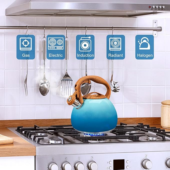 GGC Tea Kettle for Stove Top, 3.1QT/3L Whistling Tea Kettles for Boiling Water Coffee or Milk, Gradient Blue Tea Pot with Wood Parttern Handle, Stainless Steel Tea Pots for Home and Kitchen