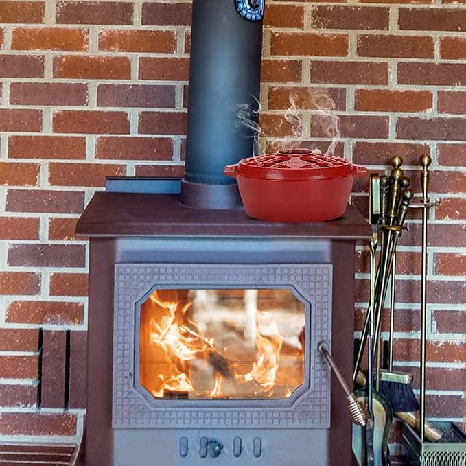 G Good Gain Wood Stove Steamer, Fireplace Humidifier, Cast Iron Humidifier for Stove, Matte Black Finish, Rust Resistant, Lattice Top, 2.5 Quart Capacity, Wood Burning Stove Indoor Decorative. RED