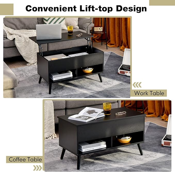 Tangkula Lift Top Coffee Table, Modern Cocktail Table with Hidden Compartment & 2 Open Shelves, Flip Top Center Table, Wooden Pull up Coffee Table for Living Room, Reception Room, Office (Black)