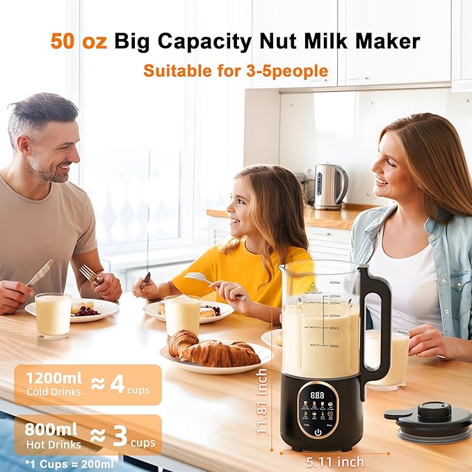 50oz Nut Milk Maker Machine, 10 in 1 Automatic Plant Based Milk Maker for Homemade Oat, Coconut, Chowder, Juice, Soy Milk with 20 Blades,Delay Start, Boil Water, Keep Warm & Auto Clean