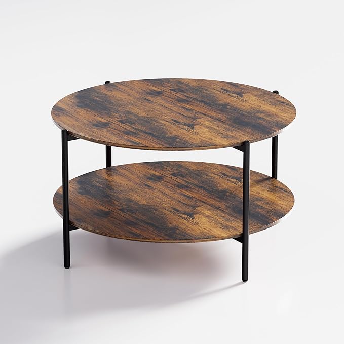 Round Coffee Table, 2-Tier 32.9" Circle Coffee Tables with Storage Wood Rustic Farmhouse Center Circular Coffee Table for Living Room Bedroom Balcony Office - Walnut