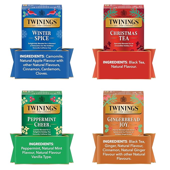 Twinings Holiday Variety Pack Tea Bags, Christmas Tea, Winter Spice, Gingerbread Joy, Peppermint Cheer, 20 Count (Pack of 4), Enjoy Hot or Iced, 80 Teabags