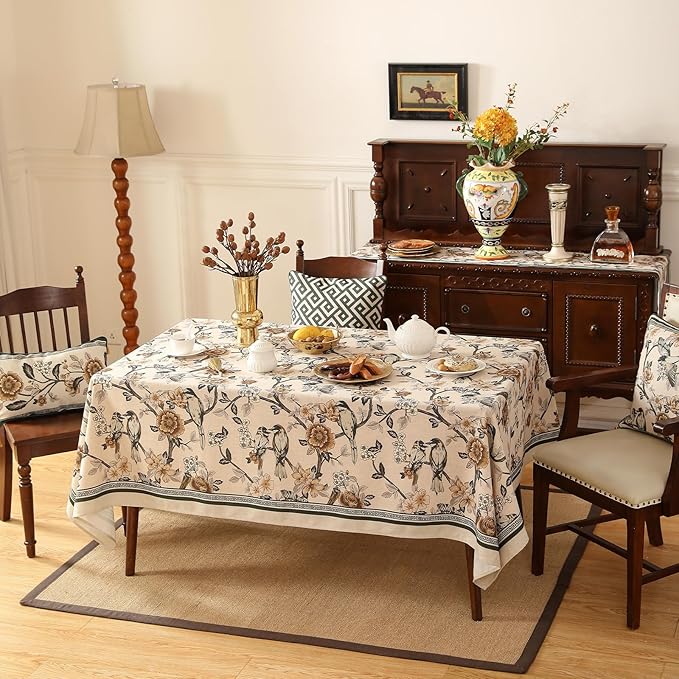 Designer Vintage Linen Square Table Cloth,Floral and Bird Pattern Elegant Tablecloths,Fall Wrinkle Resistant Home Decor Tablecloth for Dining Kitchen Party Christmas,67"*67"-Murad A