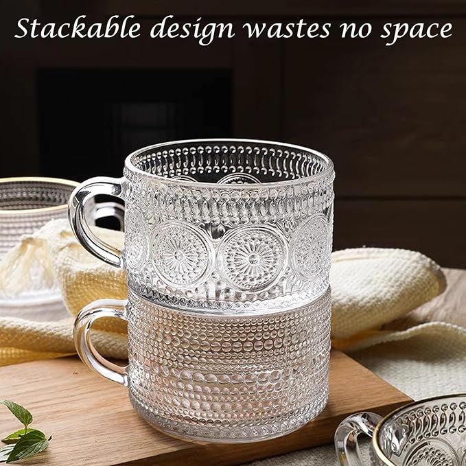 Vintage Coffee Tea Cups, Glass Mugs 14 Oz Set of 2 Embossed Glassware with Handle, for Cappuccino, Latte, Cereal, Yogurt, Beverage Hot/Cold, Milk